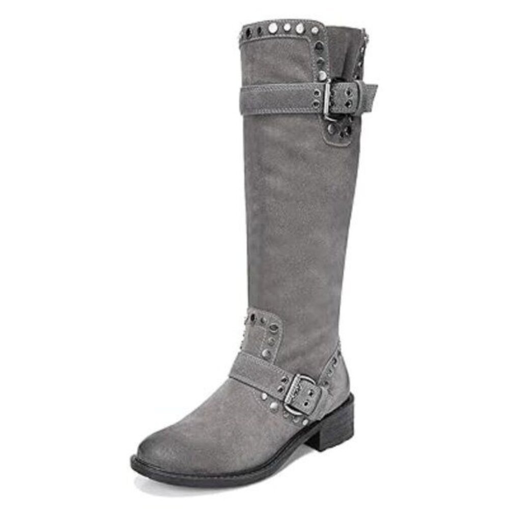 XYD Grey High Boots Rivets Studded Double Buckles Mid Chunky Round Toe Shoes